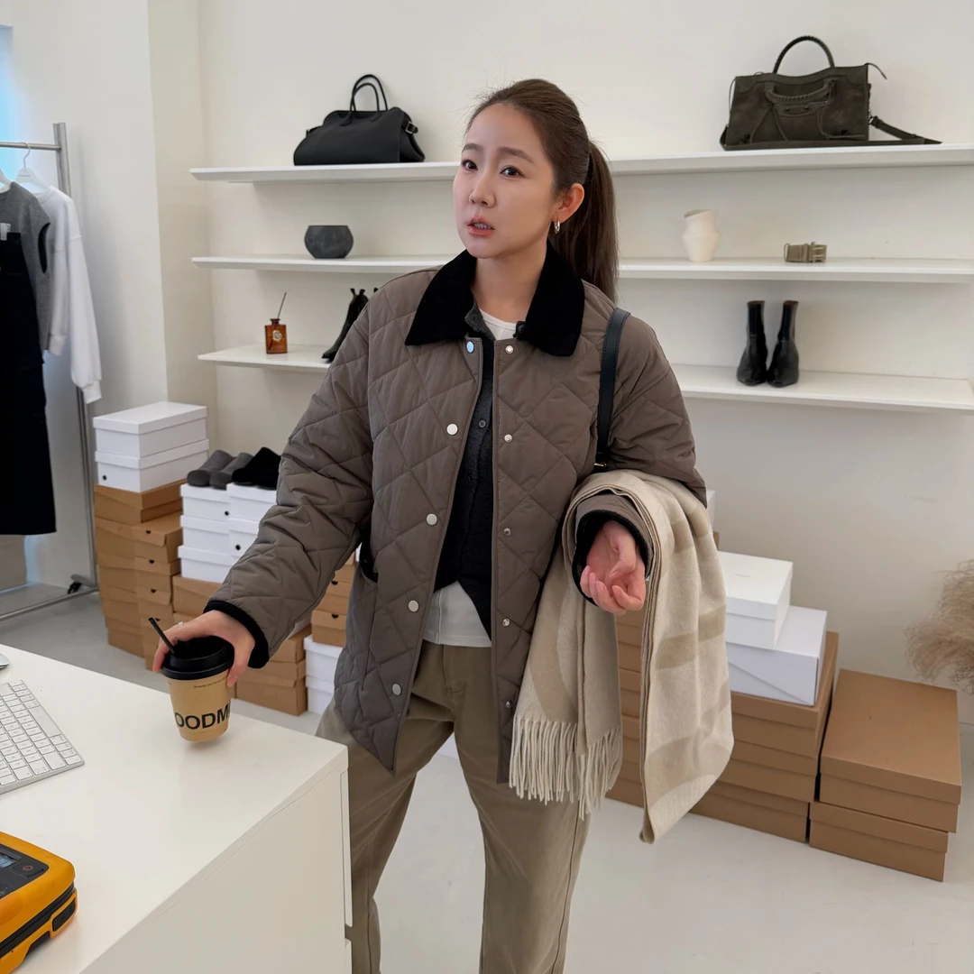 widelia秋冬8216保暖韩版休闲宽松菱格缝绗轻薄棉服外套