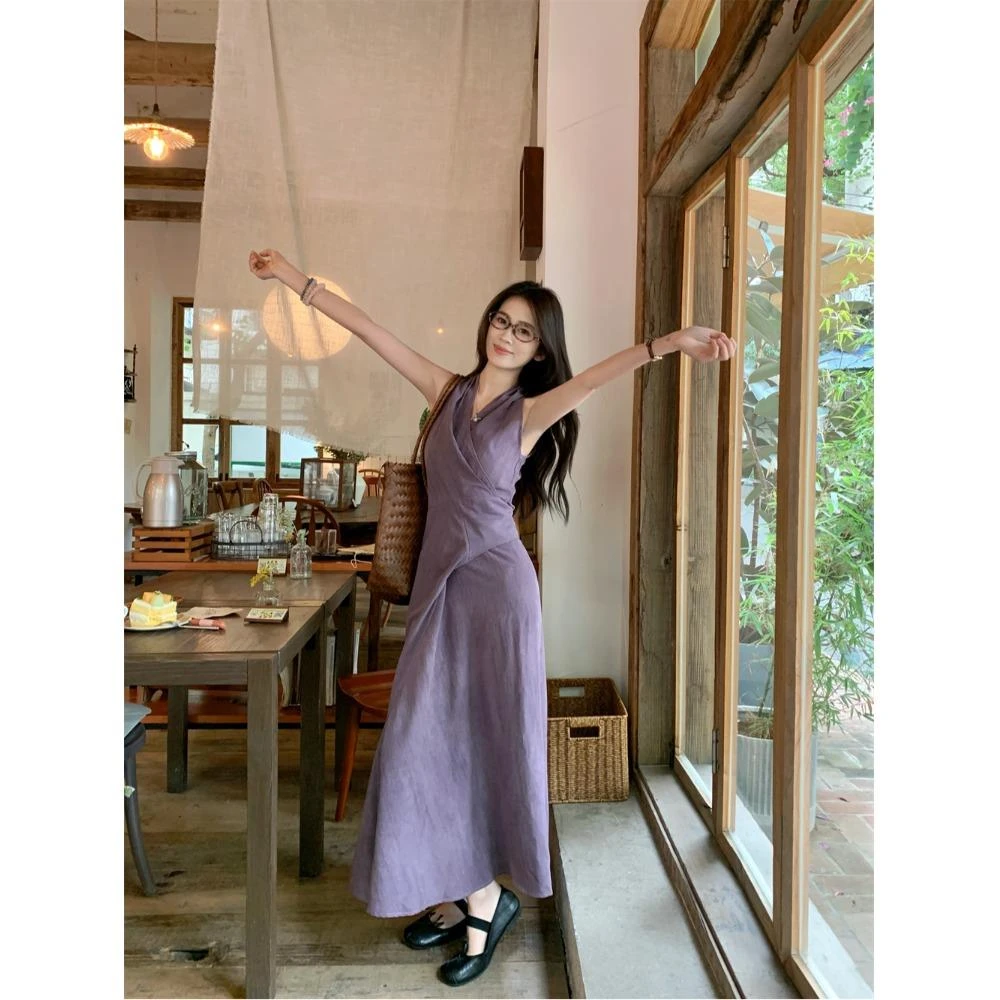 法式紫色v挂脖连衣裙女夏季设计感系带收腰裙子气质度假a字裙长裙