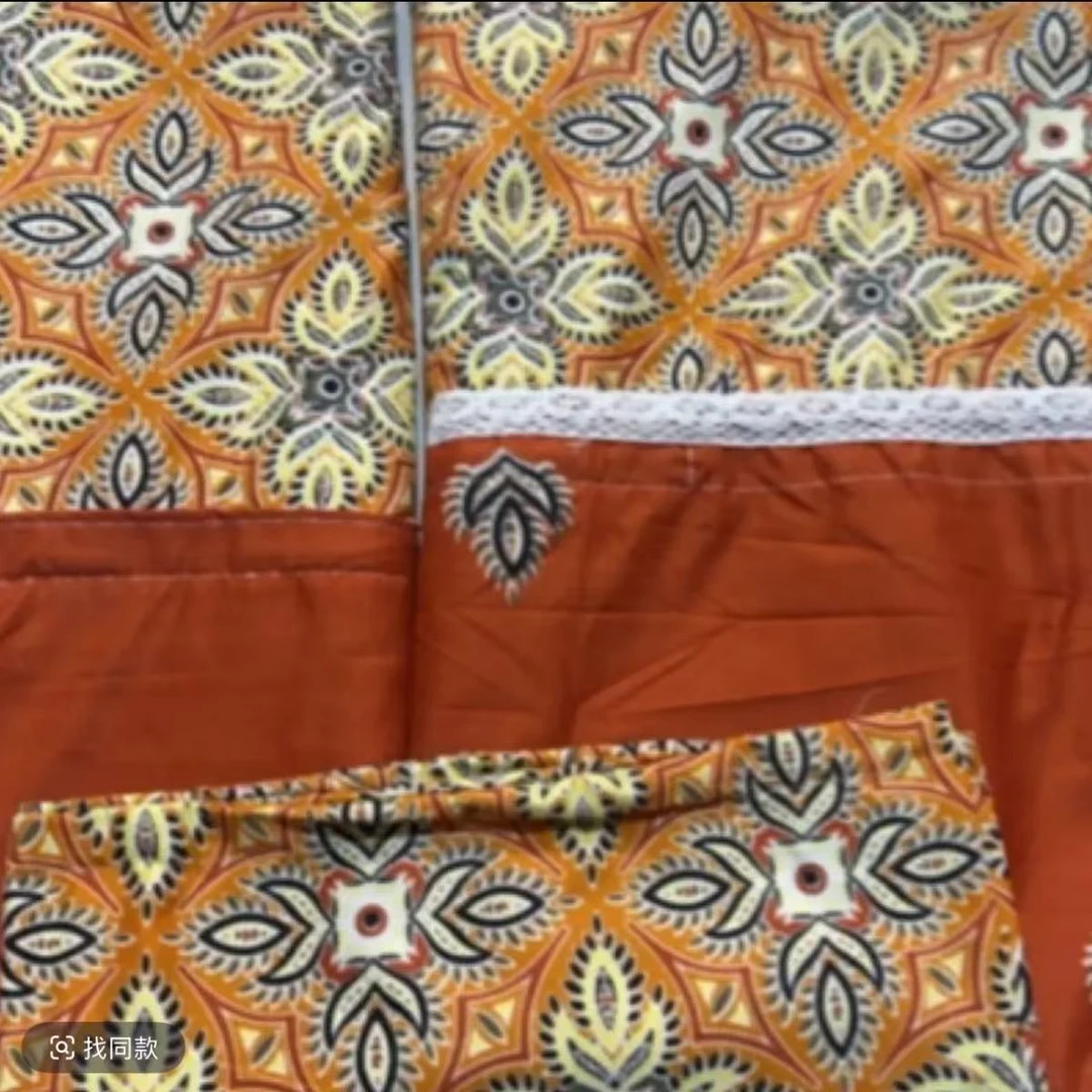 凉感欧式纹样植物花卉蕾丝款被套细纱盖毯双层橙色三件套