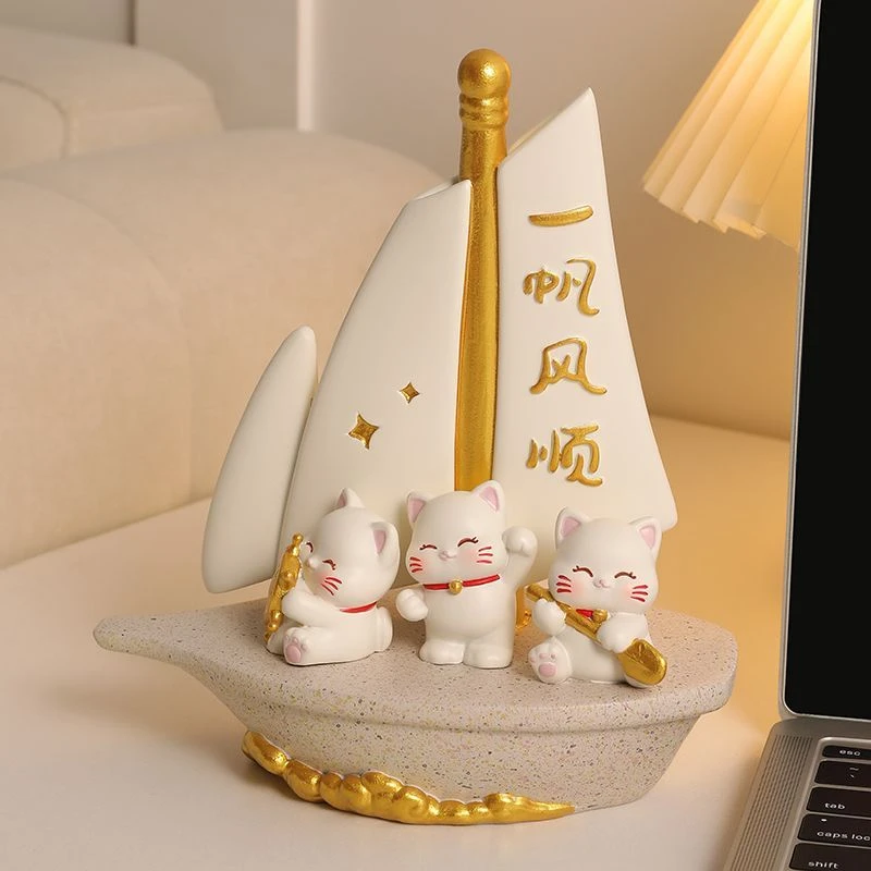一帆风顺帆船摆件可爱招财猫客厅电视酒柜高档装饰品搬家乔迁礼物