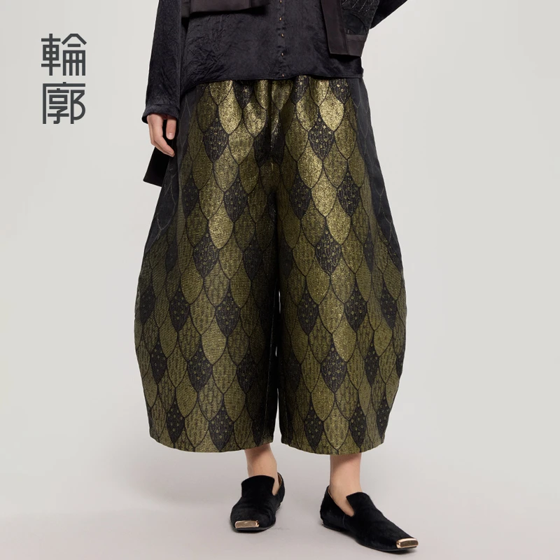轮廓锦鲤中式复古休闲裤文艺直筒宽松高腰百搭提花裤子L251K004