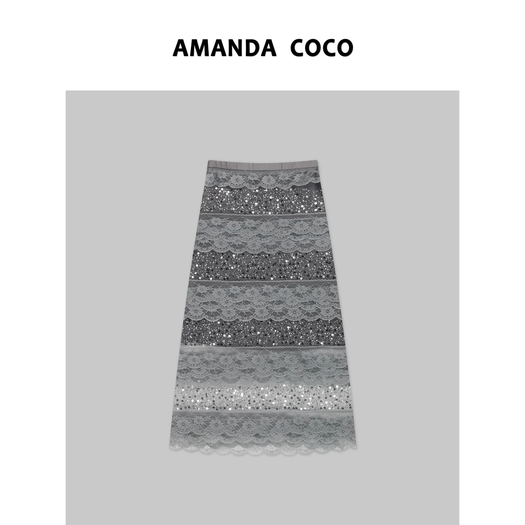 NANA# 春夏轻奢钉珠亮片蕾丝拼接气质半裙