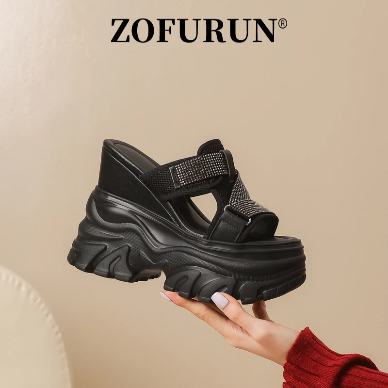 ZOFURUN 14cm女士超高跟厚底坡跟软底一字拖鞋女平底松糕凉鞋露趾