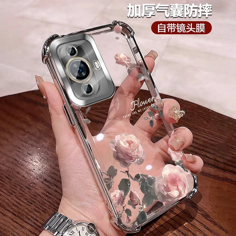 轻奢玫瑰花适用华为nova11手机壳女士防摔气囊Pro全包镜头膜 透明
