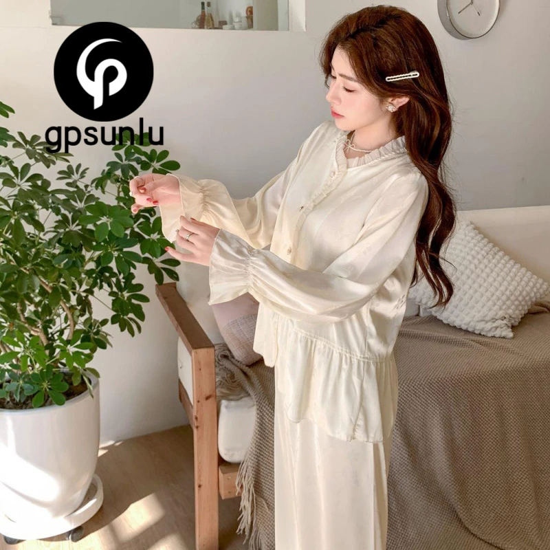 GPSUNLU法式提花高级感冰丝睡衣女春秋季新款可外穿家居服套装