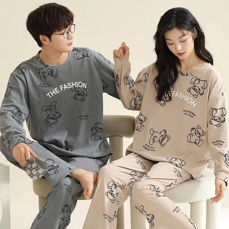 庆同秋冬新款德绒情侣家居服套装可外穿男款睡衣长袖圆领女薄绒