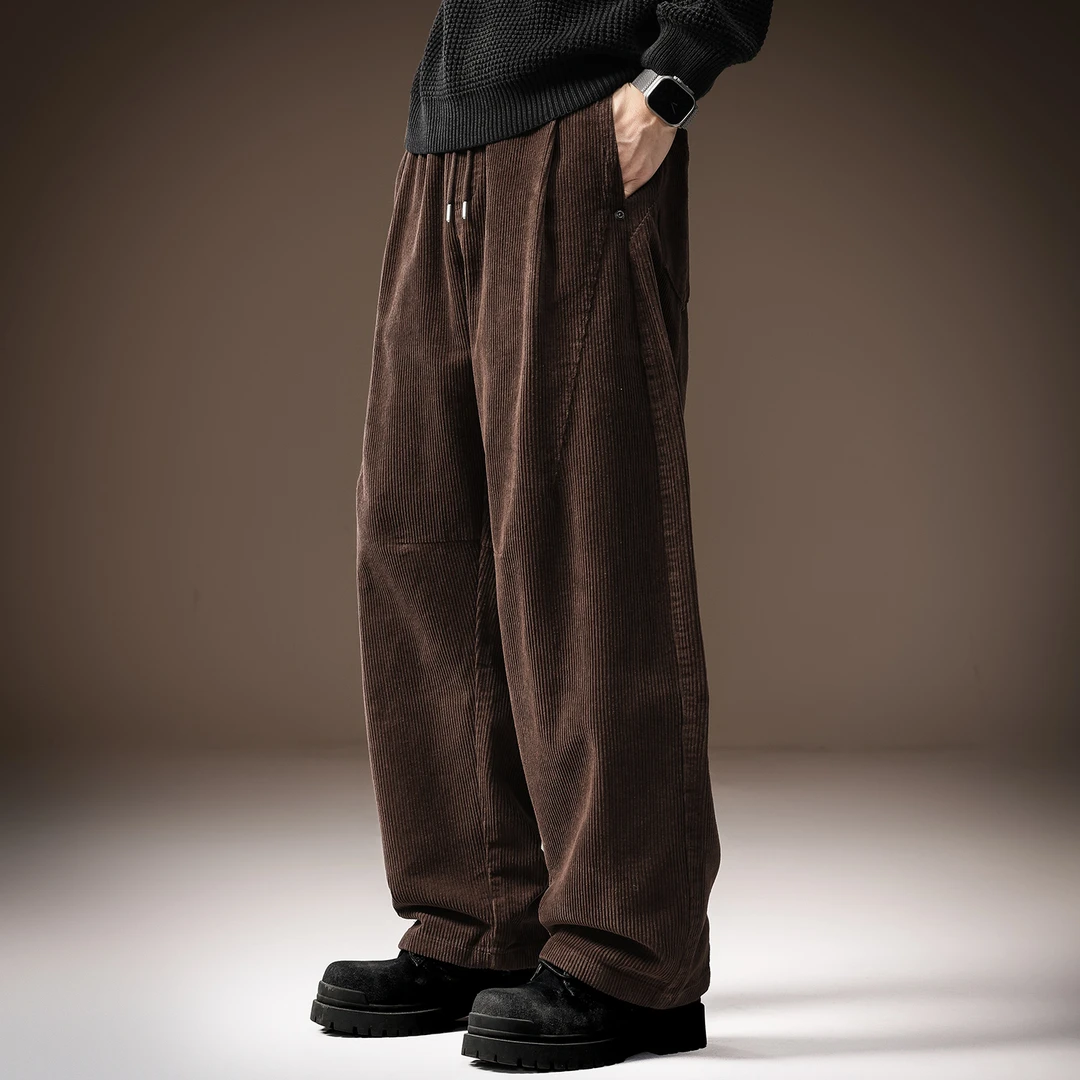 高端美式重磅慵懒风灯芯绒男士休闲裤秋冬宽松直筒阔腿老爹弯刀裤