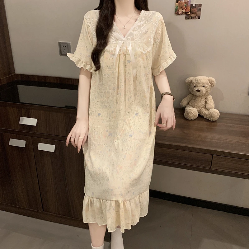 睡裙女夏季带胸垫一体甜美公主风短袖睡衣夏天薄款女士宽松家居服