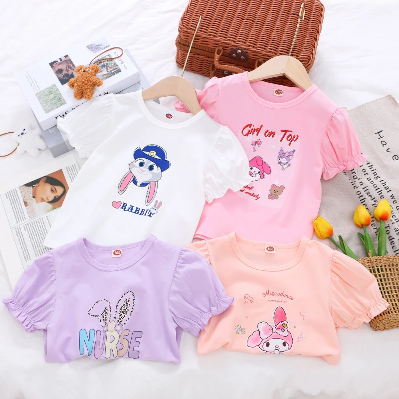 女童夏季纯棉短袖t恤儿童洋气夏装半袖女宝宝可爱兔子印花上衣棉
