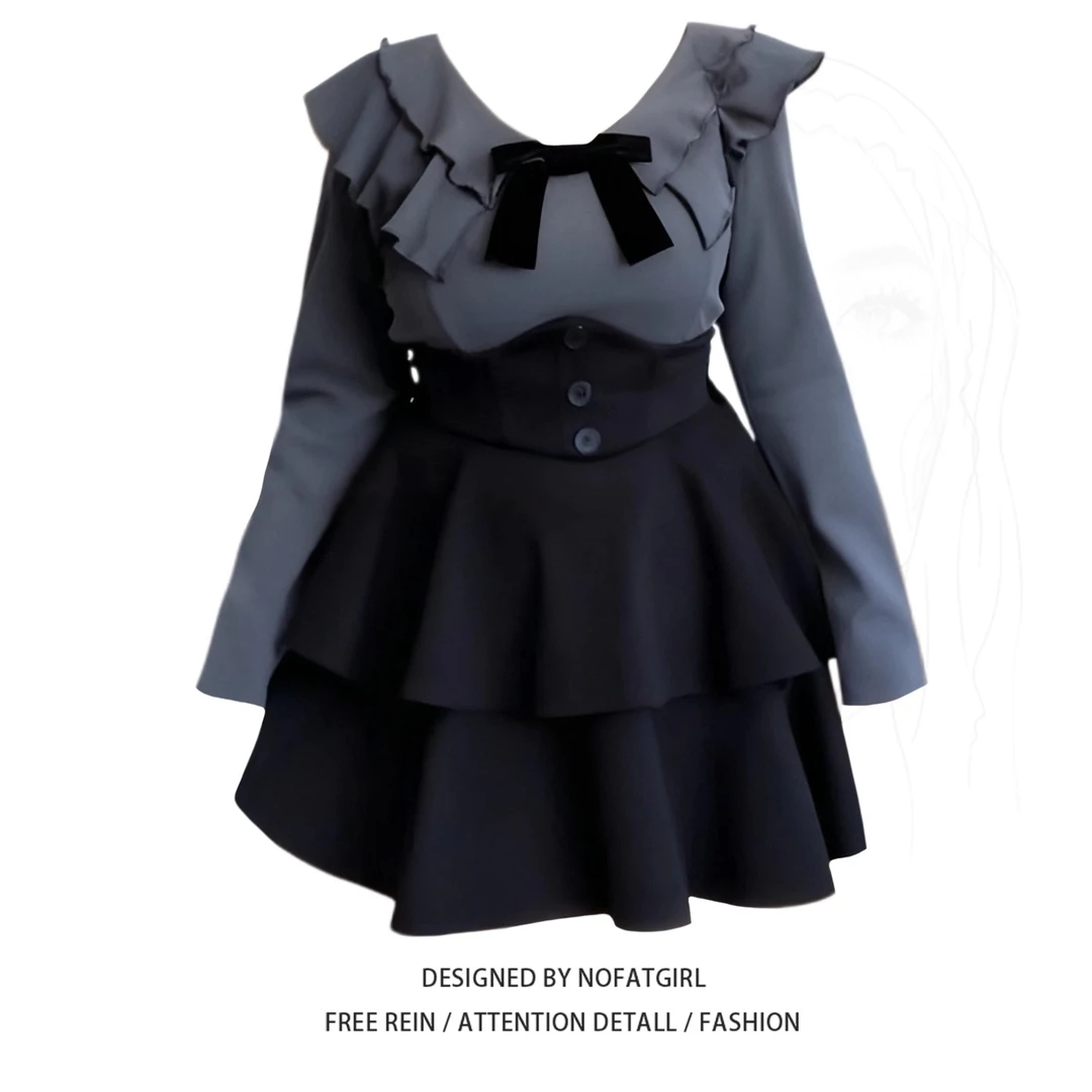 大码胖MM法式蝴蝶结荷叶边上衣A字半身裙女秋冬季显瘦束腰两件套