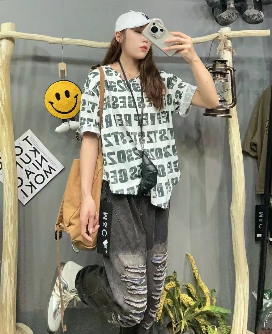 媄澜春夏季新款韩版字母印花短袖T恤女装底摆不对称宽松显瘦上衣