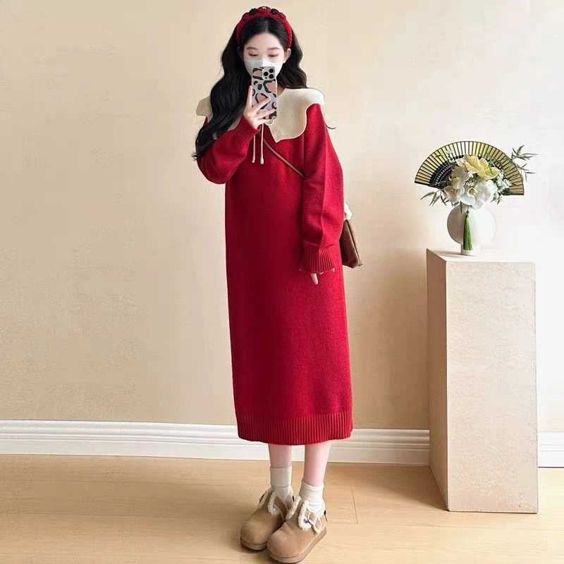 AM91孕妇红色毛衣裙90-150