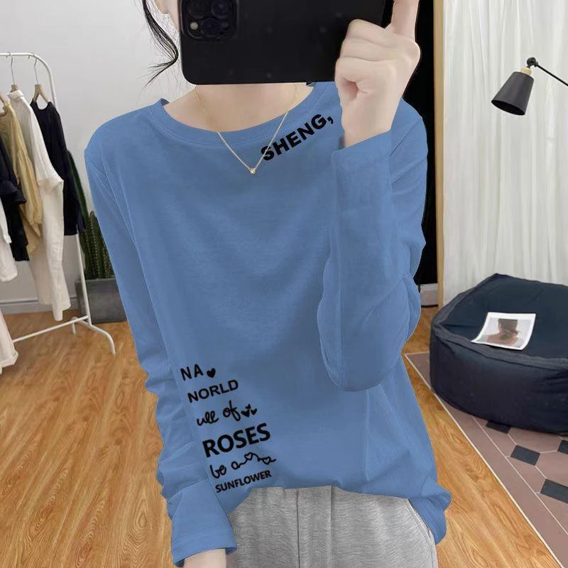 高品质长袖体恤圆领印花通勤简约百搭显瘦大码外穿宽松上衣