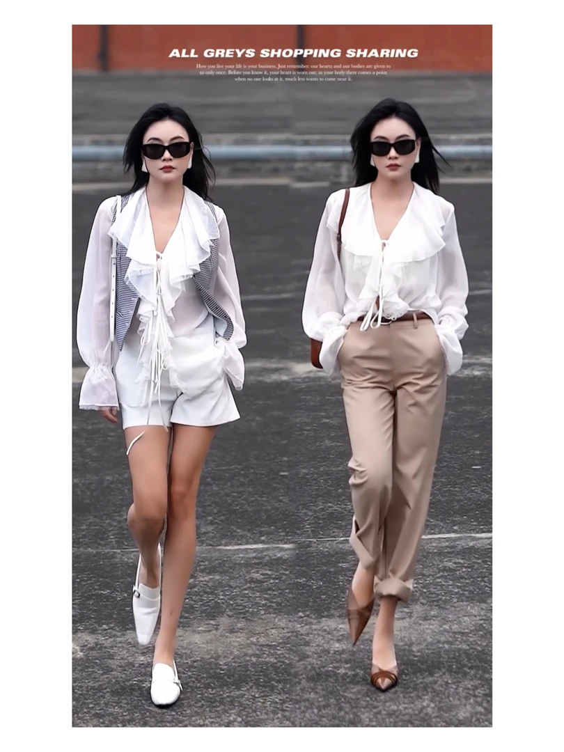 SU YAN 夏季时尚法式复古系带V领木耳边拼接长袖衬衫衬衣 CS012