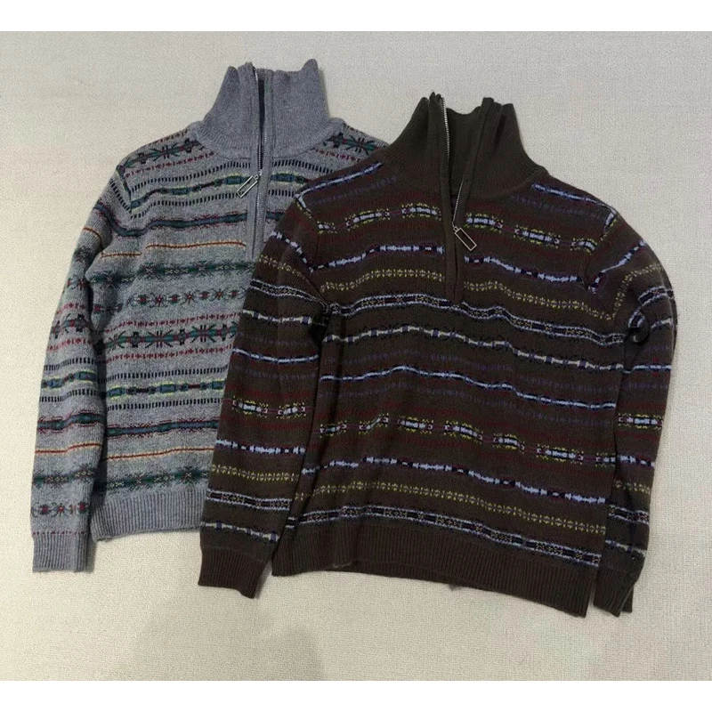 9587--3492 翻领半拉链提花毛衣高领毛时尚条纹针织衫