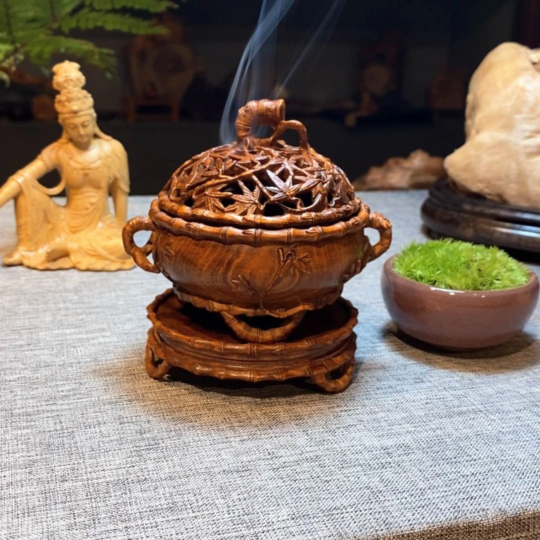 黄杨木8****末香炉镂空做旧