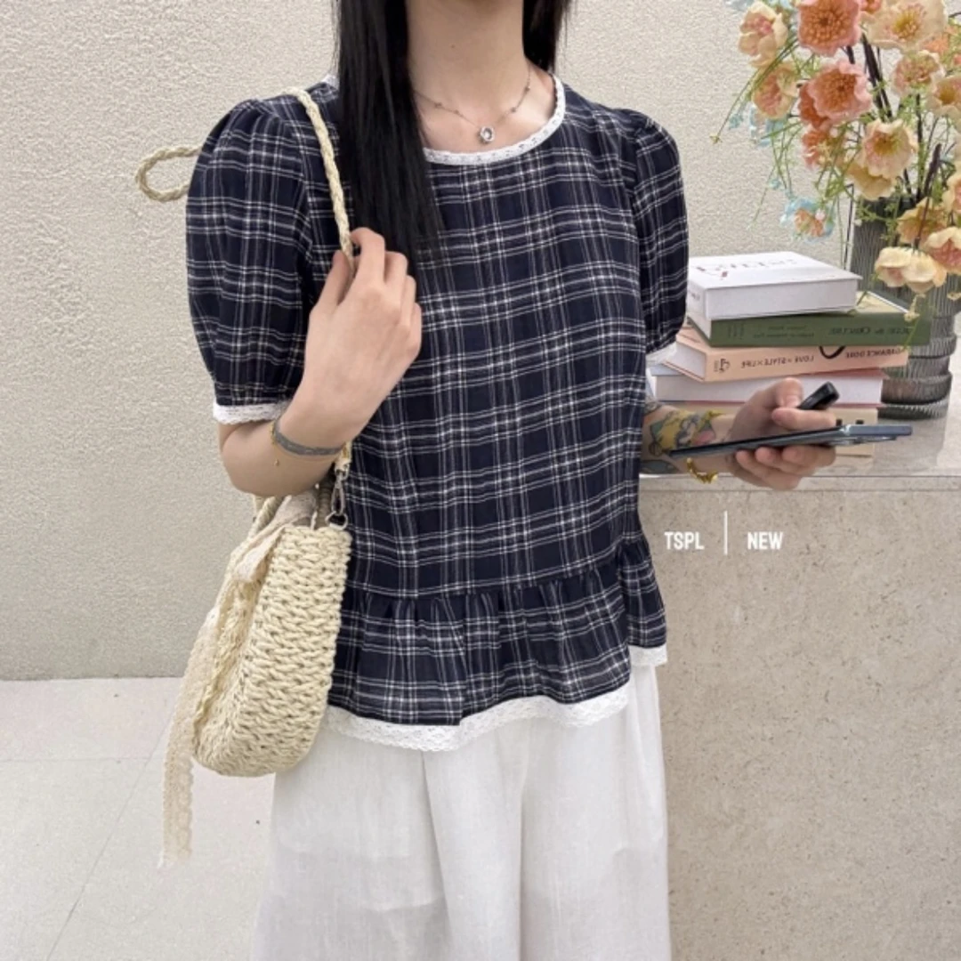 LMM 88501 2025夏季新款圆领格子短袖衬衫女设计感显瘦百搭上衣潮