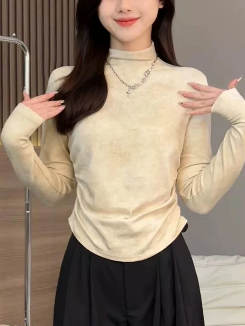 【慕妍专属】24289（衣长55）韩系复古扎染半高领长袖德绒打底衫