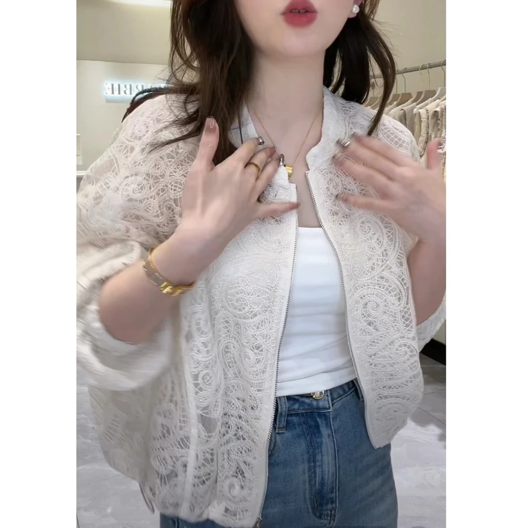 2025春季新款重工蕾丝宽松百搭透气小香风外套女镂空气质上衣8674