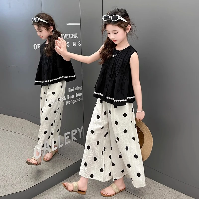 女童套装夏季薄款时尚花朵撞色上衣洋气新款波点七分阔腿裤两件套