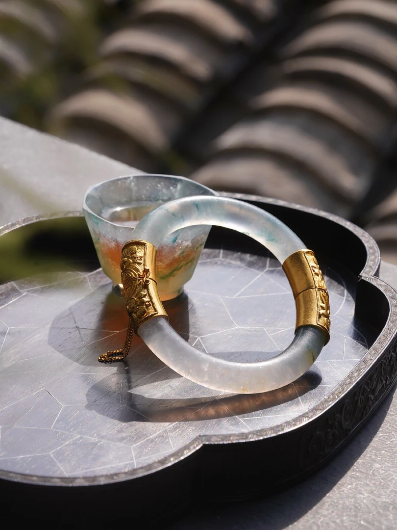 【段家玉】定出欣赏高冰种段家玉翡翠飘花手镯镯子镶嵌复古手工气质