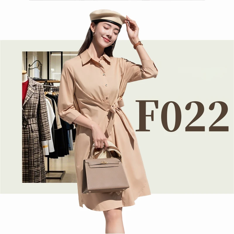 F022女士休闲通勤翻领收腰夏季时尚连衣裙显瘦中长款秋季气质