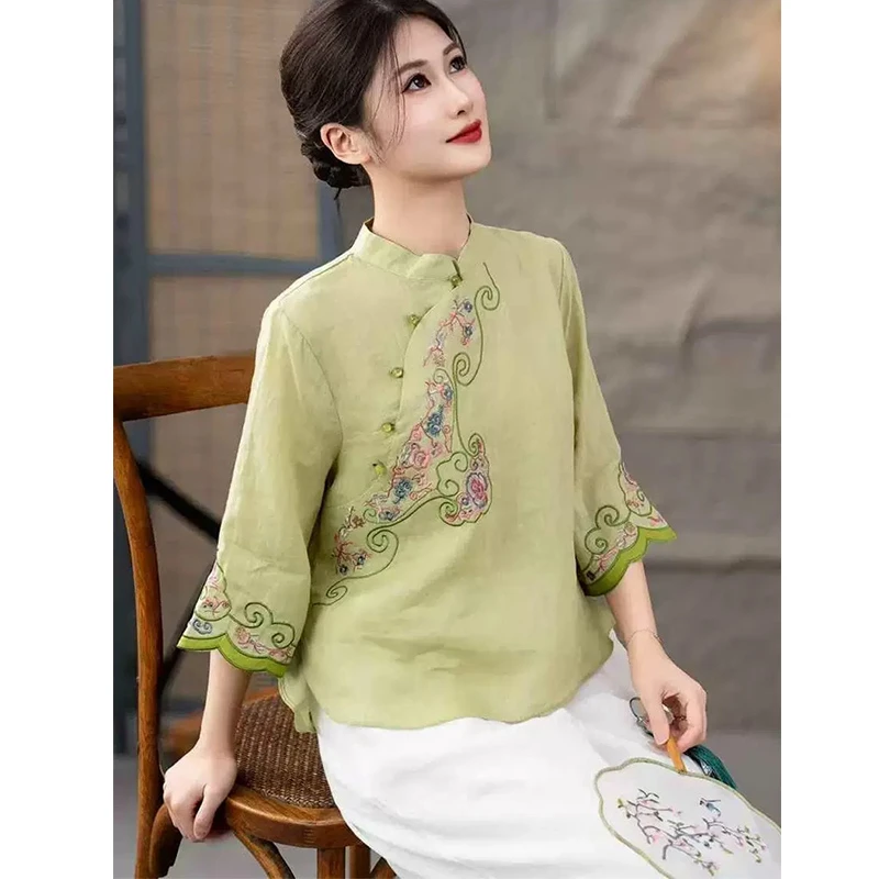 复古苎麻内里包边刺绣立领衬衫女夏文艺大码显瘦国风禅意衬衣