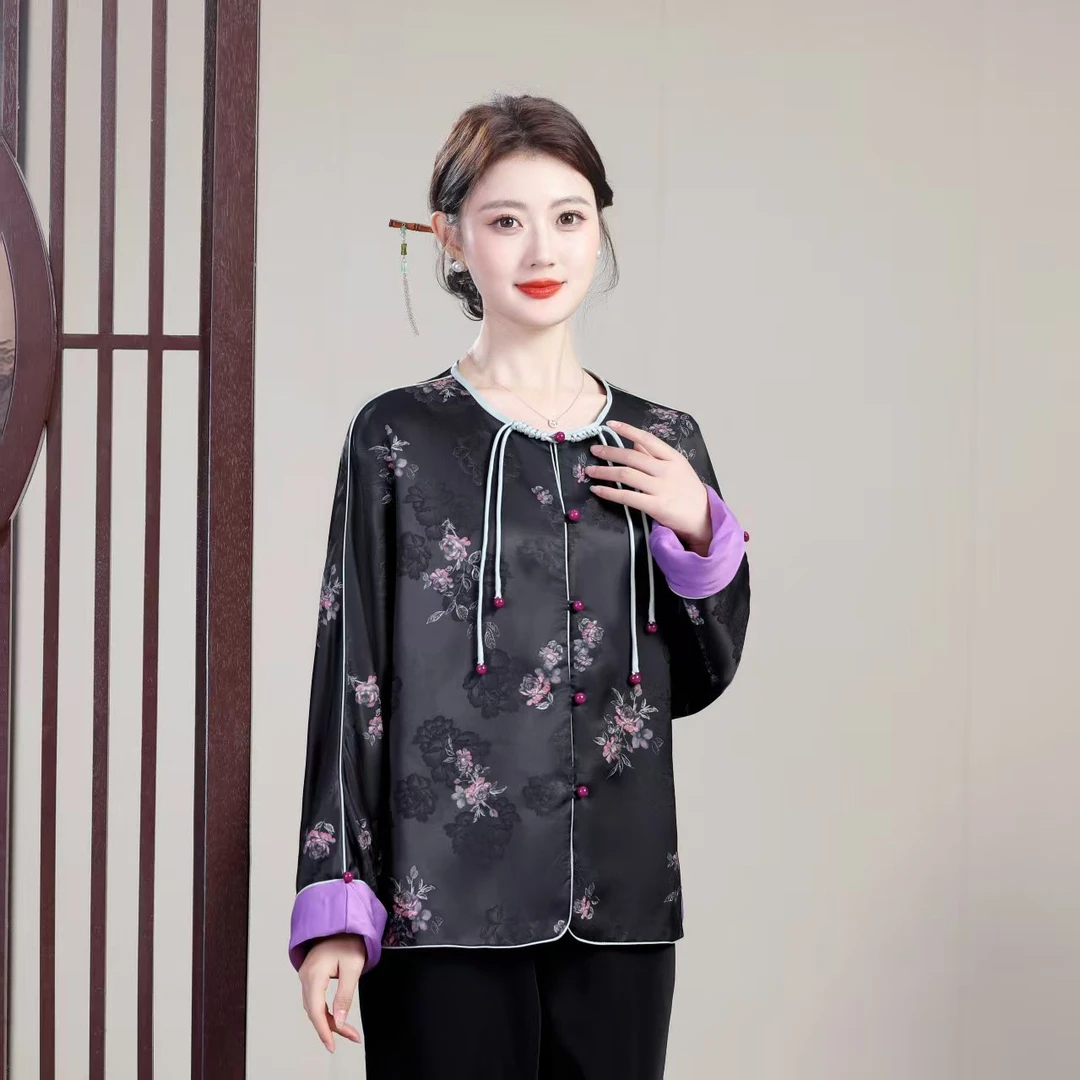【紫袖】春秋款复古新款国风中式高级感丝缎宽松女装上衣外套现货