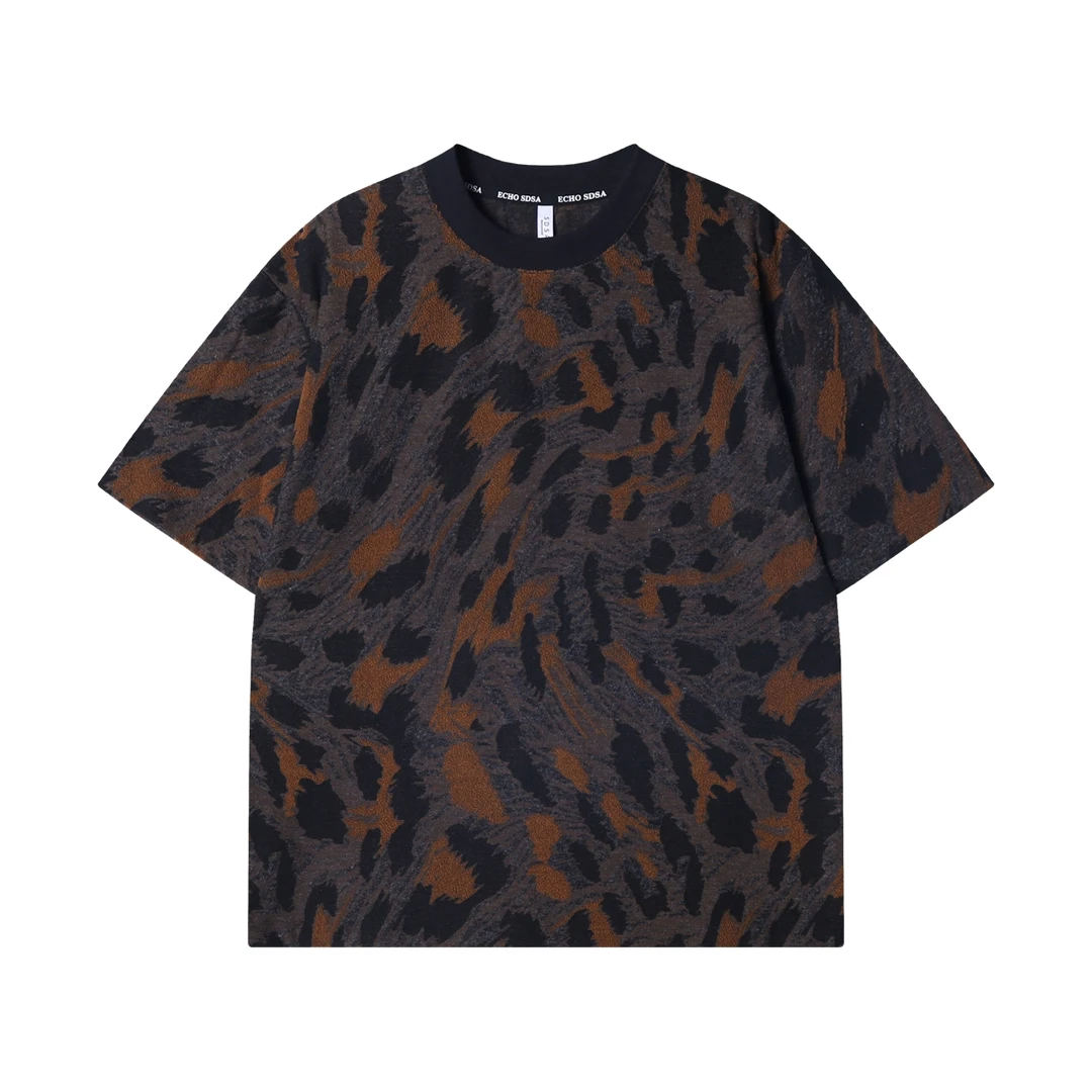 夏季高级感新款美式抽象撞色磨毛圆领短袖T恤百搭宽松百搭上衣