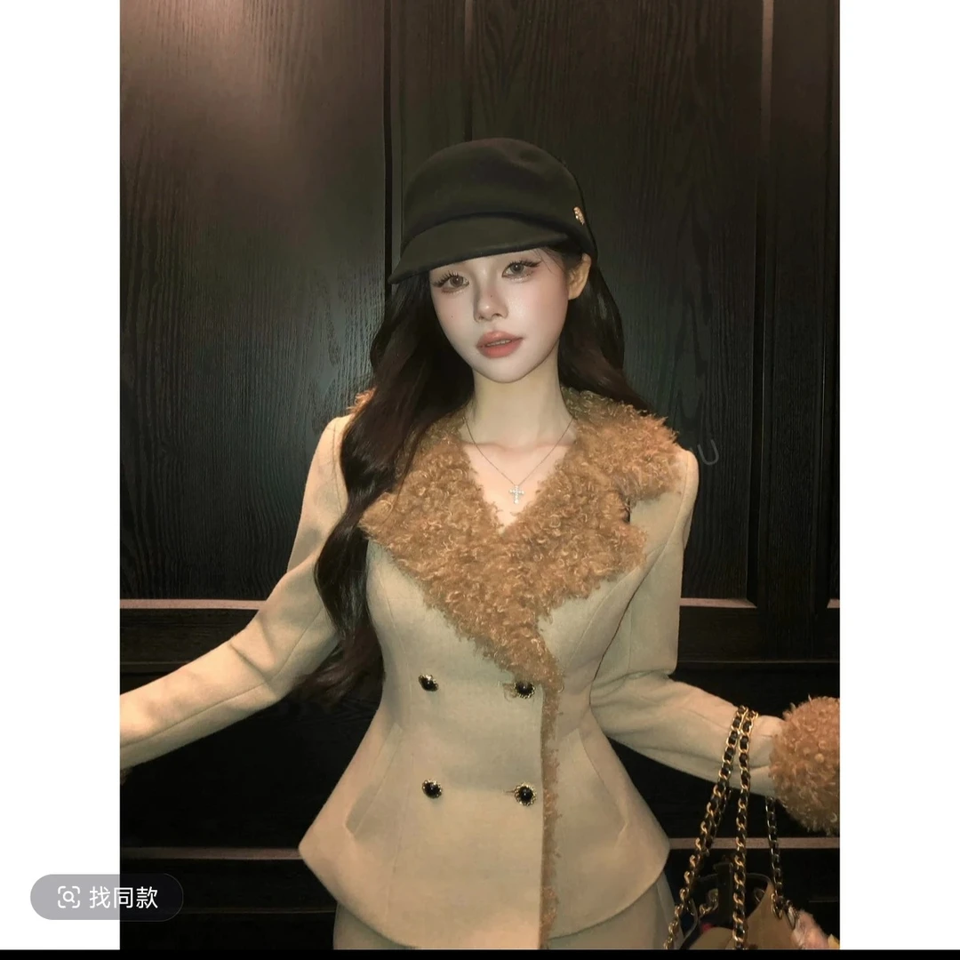 冬季复古富家千金小香风皮毛一体双排扣呢子外套半身裙时尚两件套