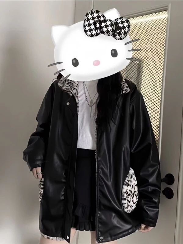 炸街仿pu皮衣外套女装秋冬季新款机车豹纹两面穿加绒加厚棉服