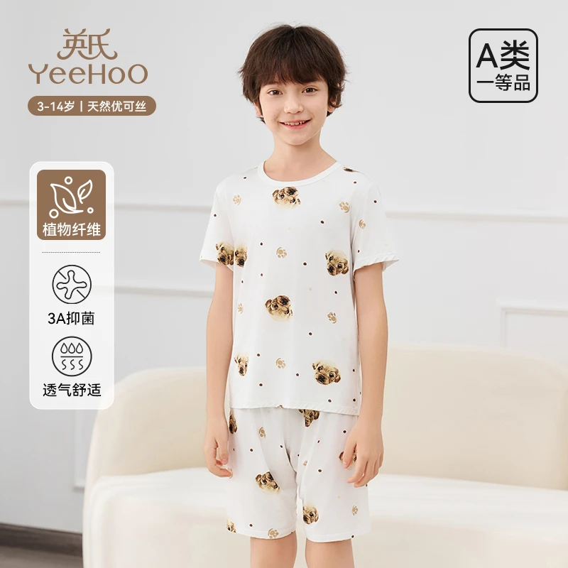 英氏儿童睡衣男女童短袖短裤套装a类薄款中大童家居服2025年新款