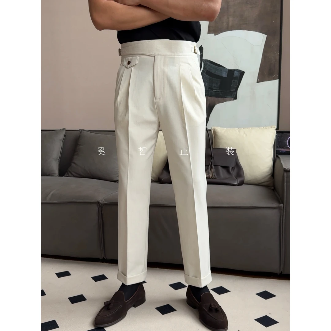 男士薄款时尚休闲款免烫廓尔格高腰调节扣双刀双褶西裤936