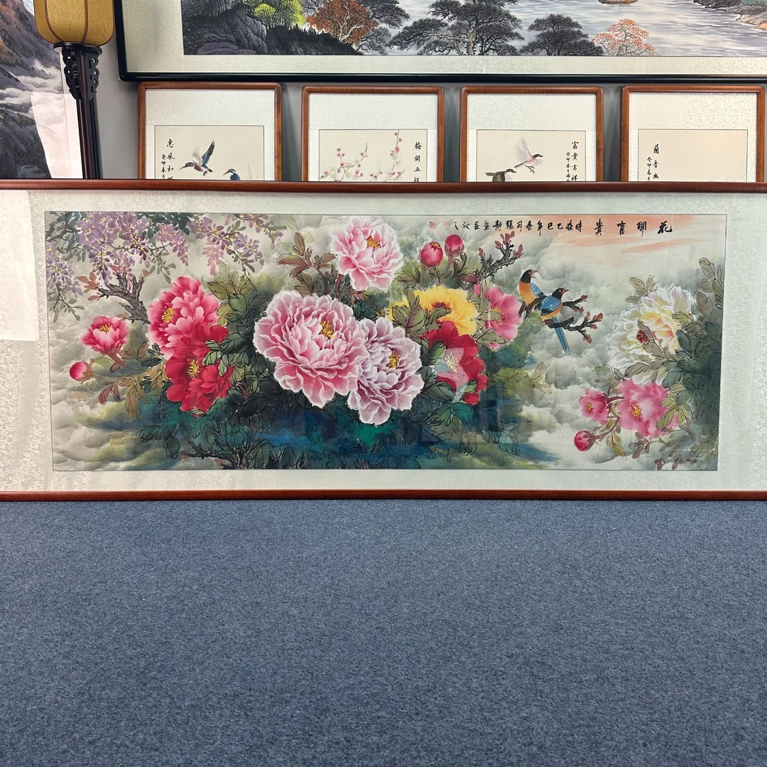 纯手绘-花开富贵225X85新中式山水国画客厅办公室挂画背景墙装饰