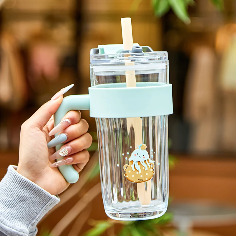 大容量玻璃杯夏季双饮杯吸管杯泡茶杯上班果茶水杯双用玻璃冷水杯