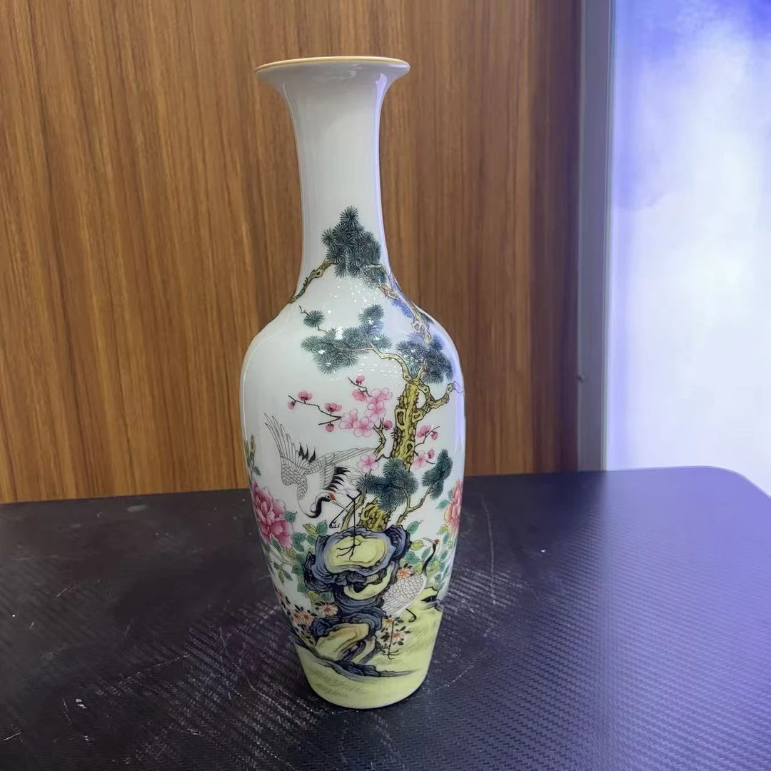 【百善瓷业】闲来栖碧山（仙鹤松树牡丹）粉彩玉净瓶-QG