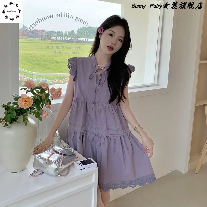 蕾丝边小飞袖紫色连衣裙女夏韩系公主风a字裙娃娃裙小个子法式