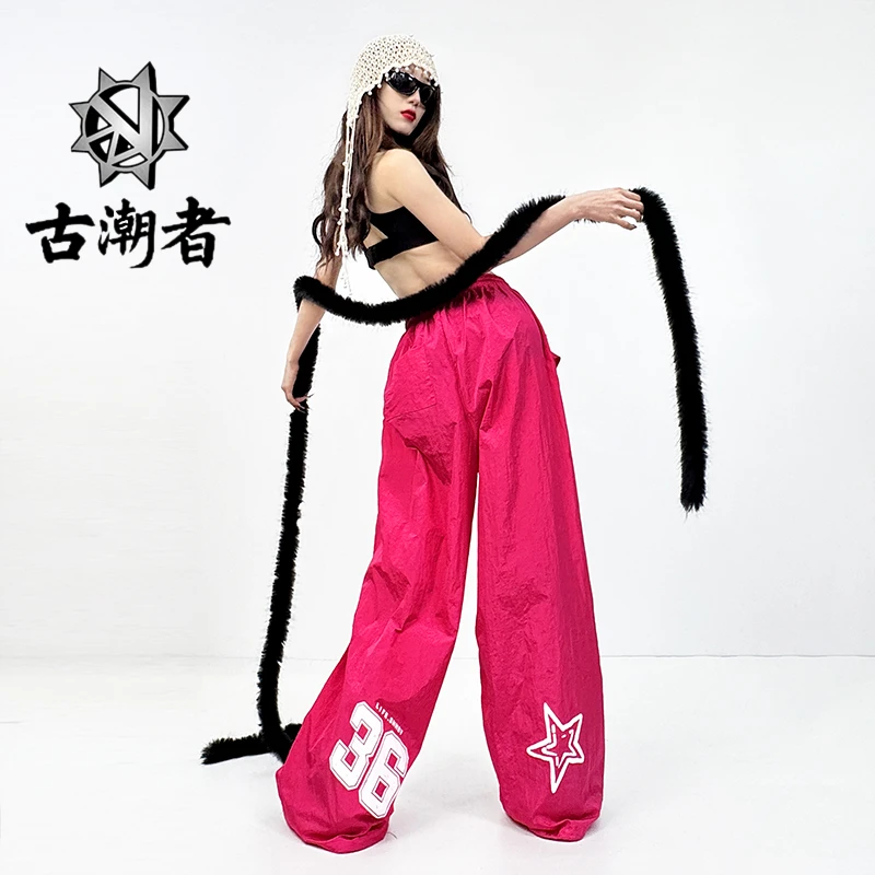 美式hiphop街舞叠穿屁帘黑色工装裤宽松阔腿长飘带爵士跳舞运动裤