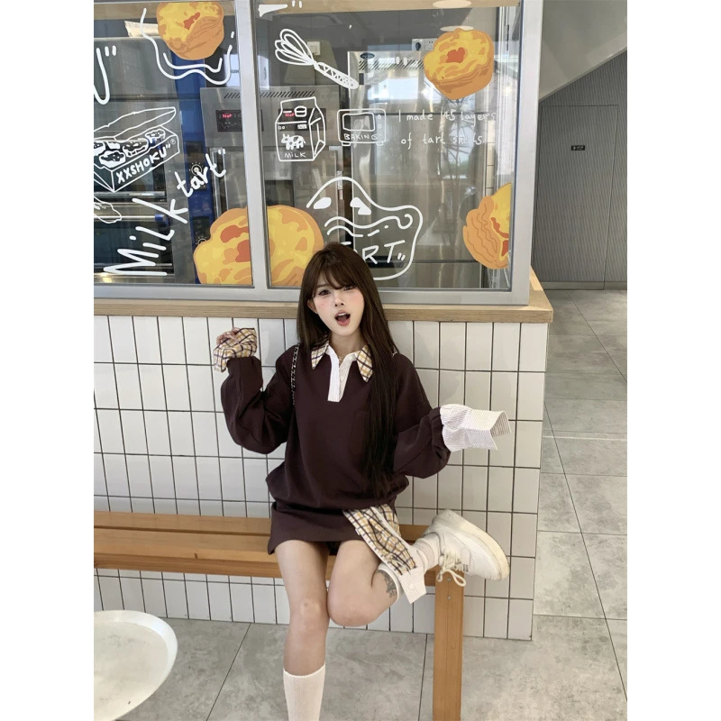 早秋美式学院风韩系街头桔梗宽松休闲拼接假两件上衣半身裙套装女