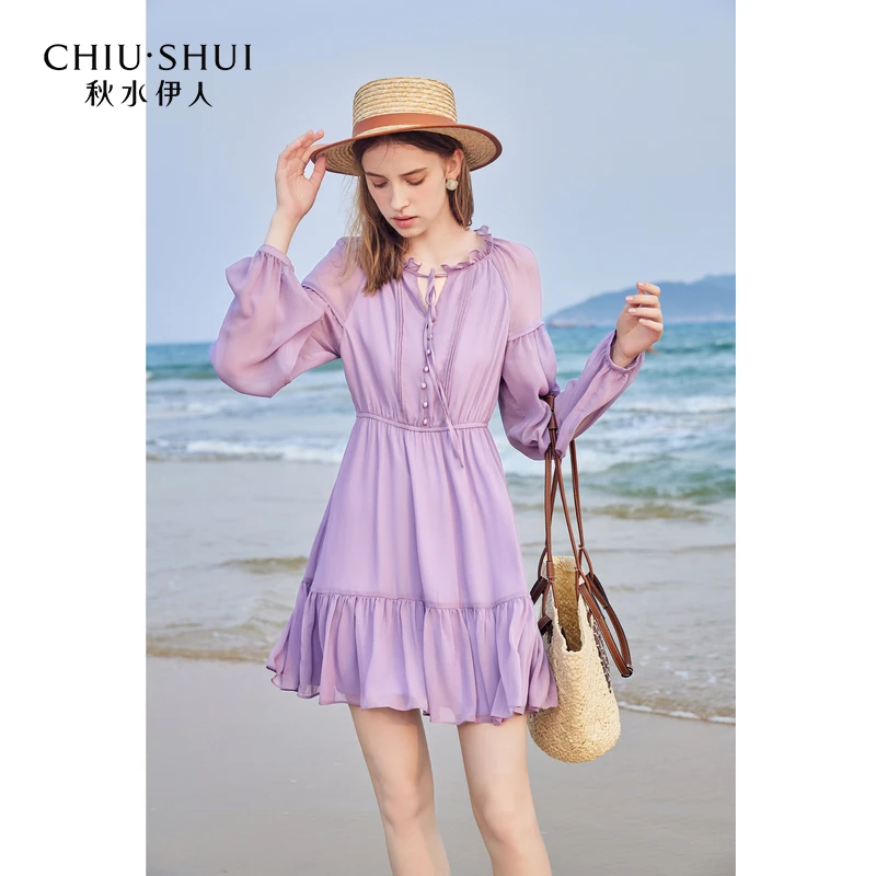 【品牌折扣】秋水伊人法式荷叶边连衣裙甜美木耳边系624220M020637