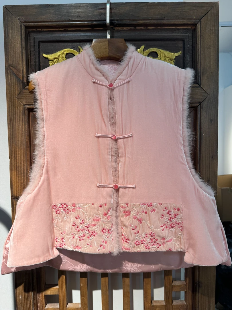 【花一朵】 粉落真丝丝绒加厚水貂毛马甲新中式国风马甲