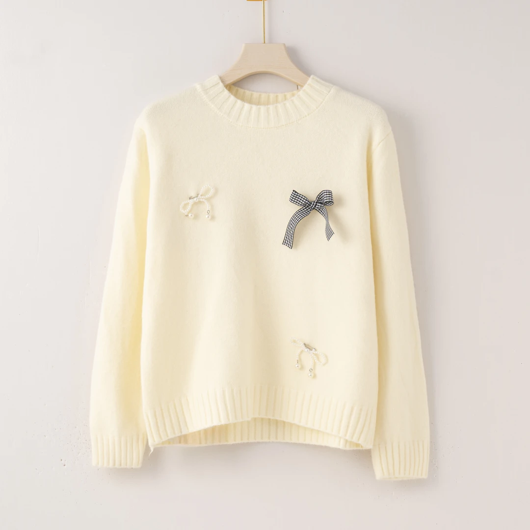 Q2680【特价-占单者限购】珍珠蝴蝶结设计高级感时尚毛衣