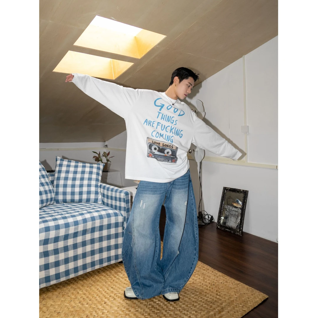 DBWDoublewin设计感印花棉麻透气长袖T恤男复古松弛宽松上衣1175