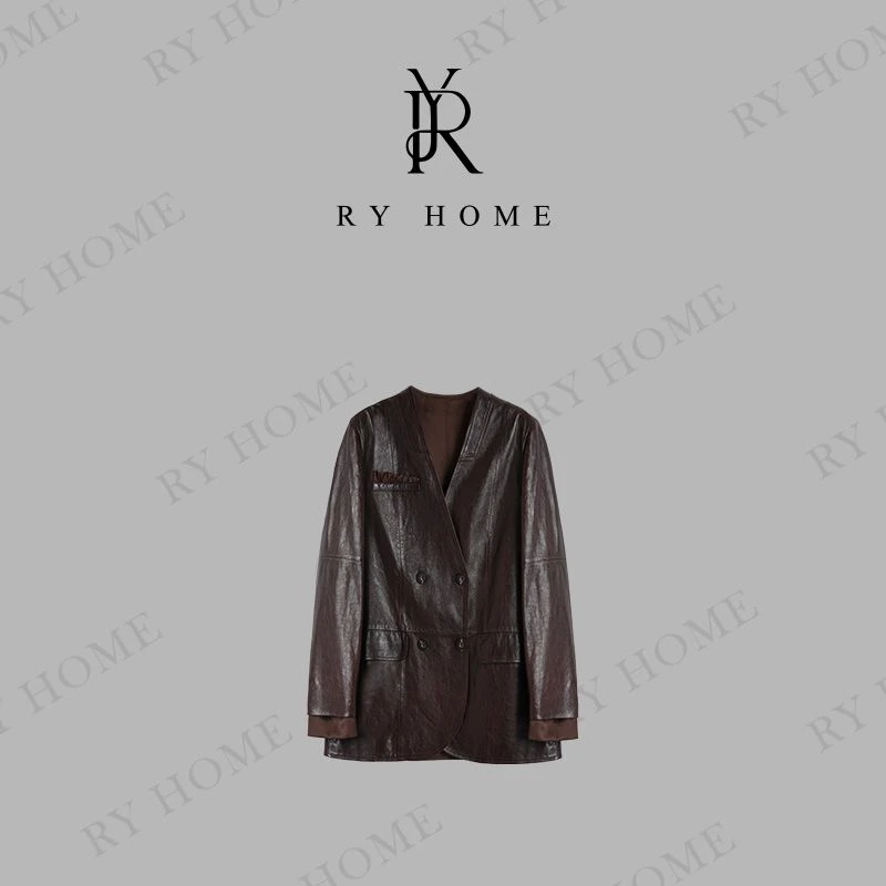 【容雨RYHOME】100绵羊皮油蜡双排扣V领绵羊皮外套253W2364