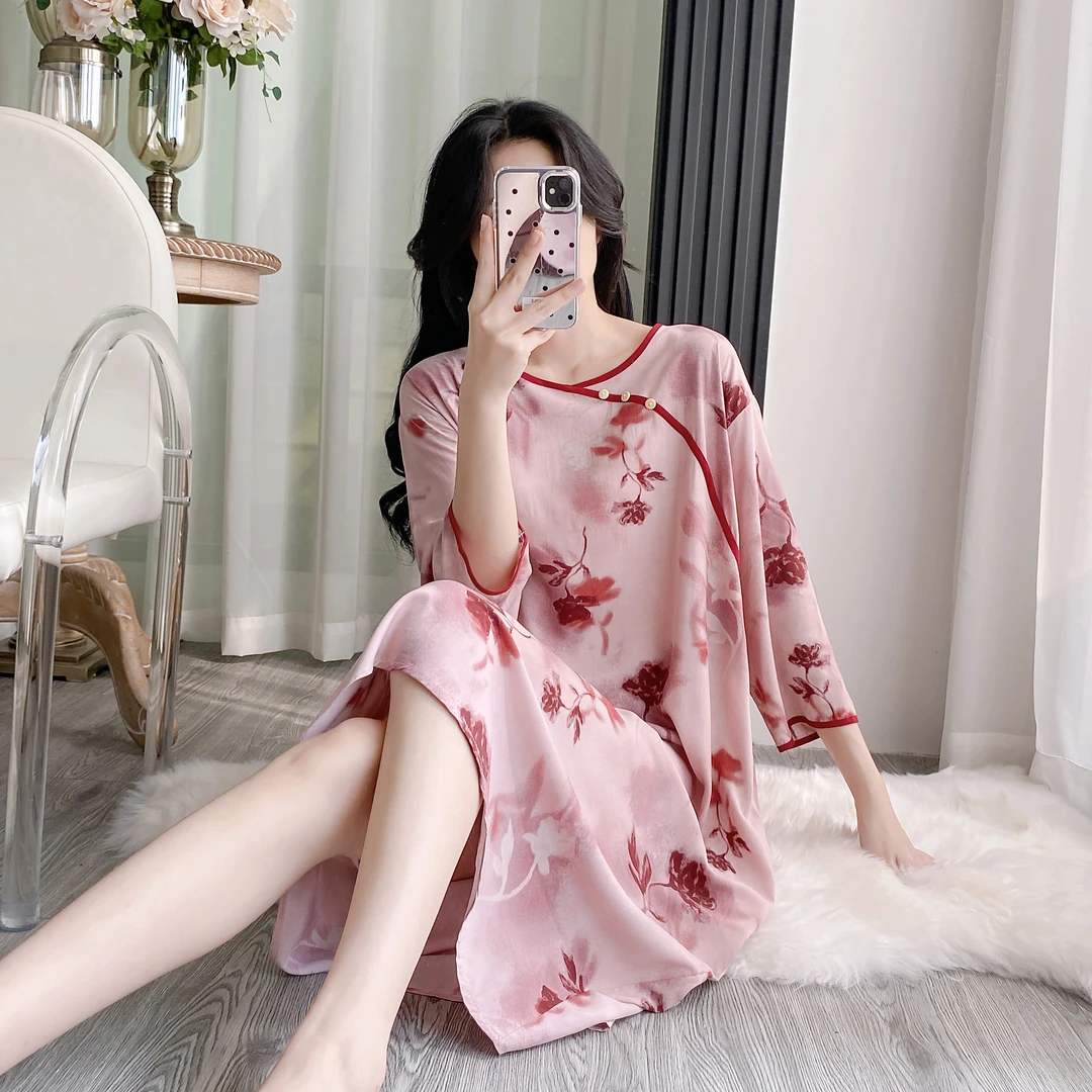 国风中式短袖睡裙棉绸夏季薄款新款人造棉宽松睡衣家居服连衣裙