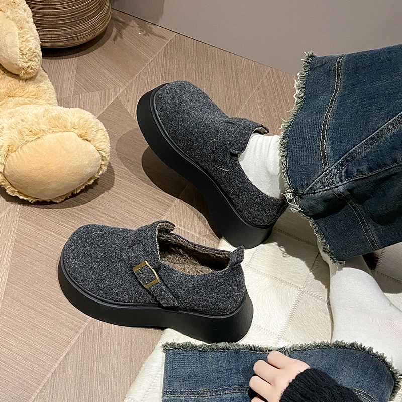 毛呢勃肯鞋女2024新款冬季复古加绒女鞋厚底保暖时尚百搭雪地棉鞋