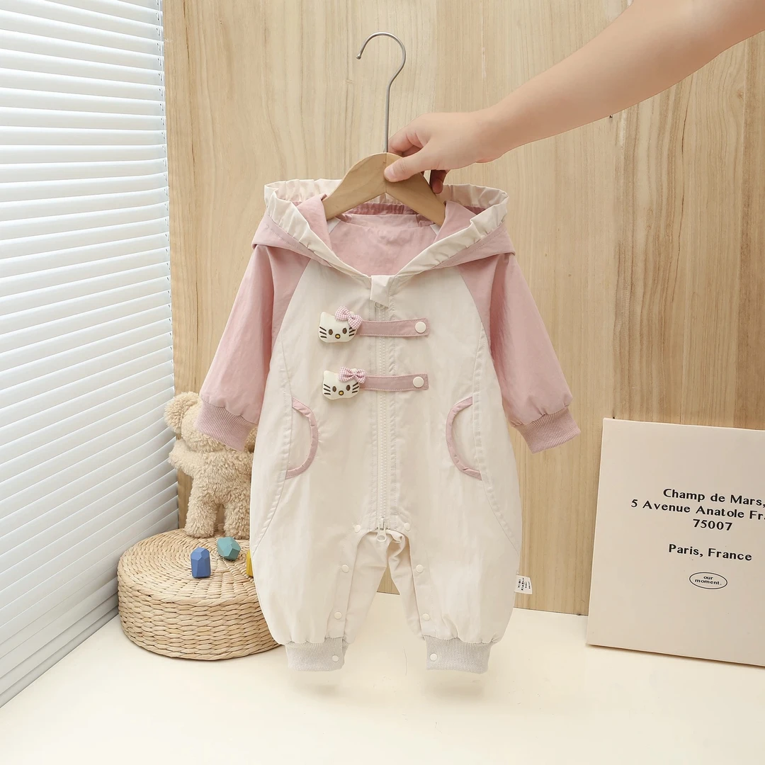 婴儿春秋双层连体衣女宝宝甜美可爱凯蒂猫连帽哈衣爬服外出服