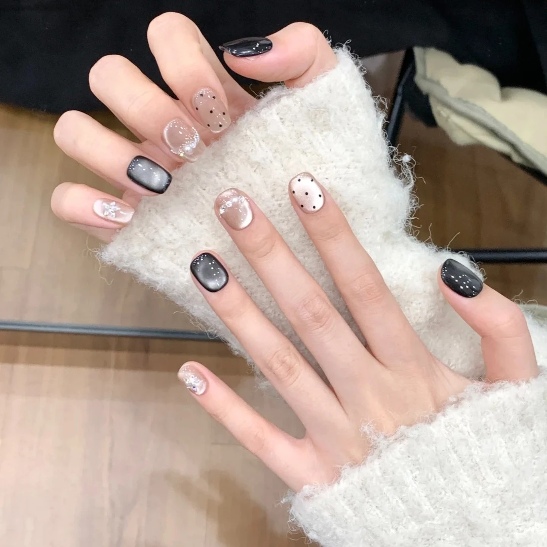 【波点黑曜石】波点猫眼搭配黑曜石猫眼纯手工穿戴甲10片