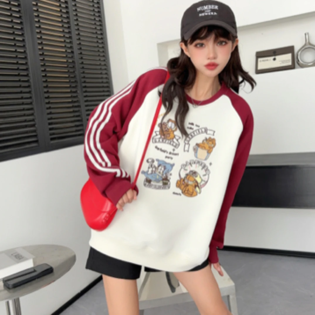 加菲猫重工刺绣圆领宽松百搭休闲韩版加绒加厚长袖卫衣女套头卫衣