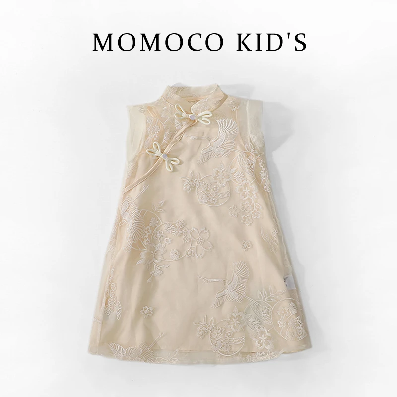 MOMOCO女童夏季新中式时尚连衣裙蕾丝白色两件套75680470010